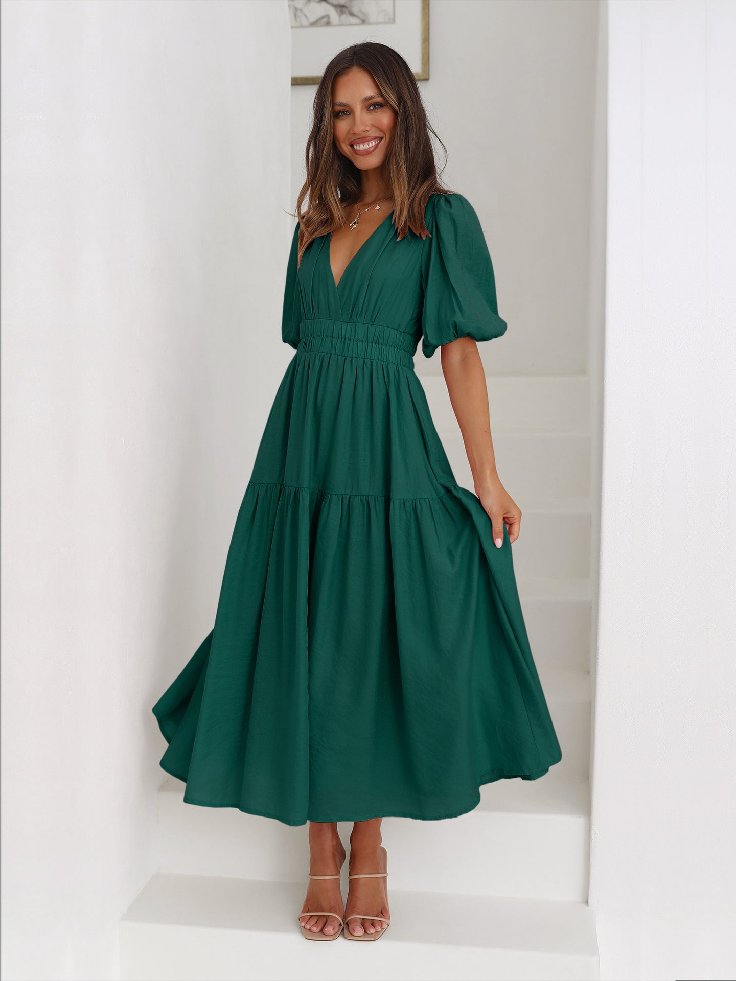 Hot selling summer new product high-end deep V puff sleeve holiday dress European and American fashion women's clothing