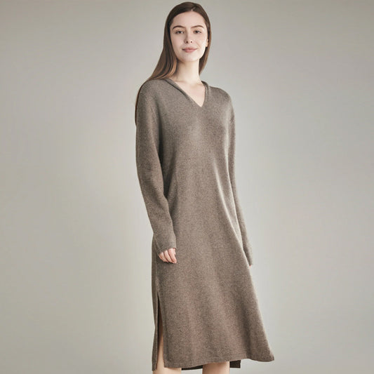 Autumn and Winter New 100% Cashmere Hooded Long Knee-length Skirt Women's Loose Lazy Knitted Dress