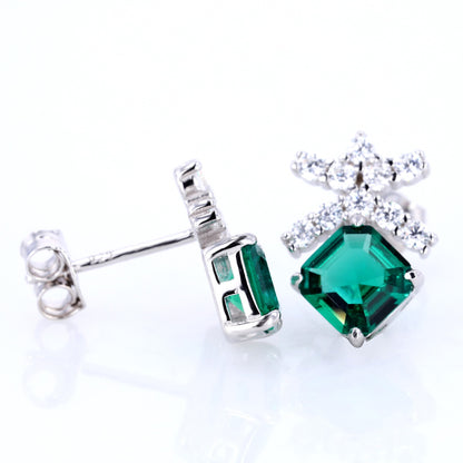 Regenerated emerald s925 silver earrings square synthetic emerald imitation growth grain silver plated K gold earrings