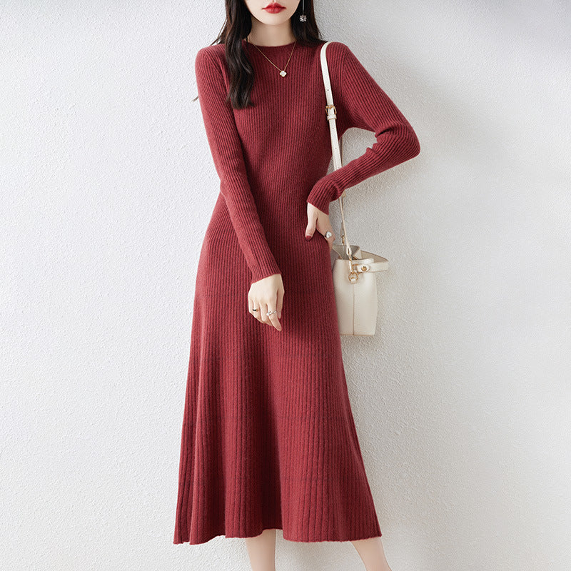 French wool dress women's 100% pure wool bottoming long skirt slim long sleeve cashmere sweater dress autumn and winter new