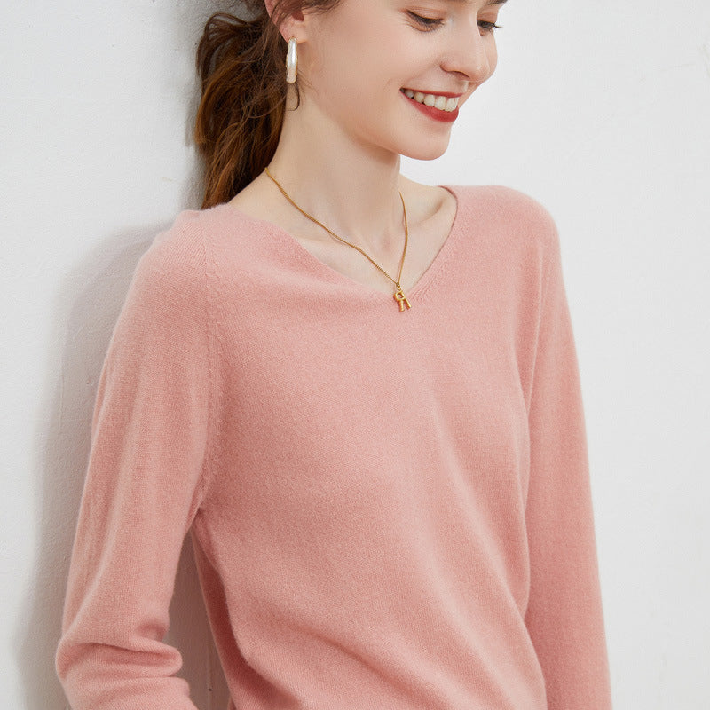 Wool base sweater V-neck knitted loose cashmere sweater slim top autumn and winter