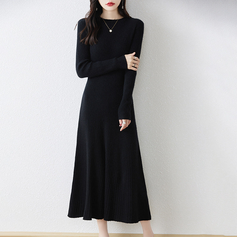 French wool dress women's 100% pure wool bottoming long skirt slim long sleeve cashmere sweater dress autumn and winter new