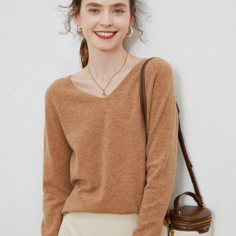 Wool base sweater V-neck knitted loose cashmere sweater slim top autumn and winter