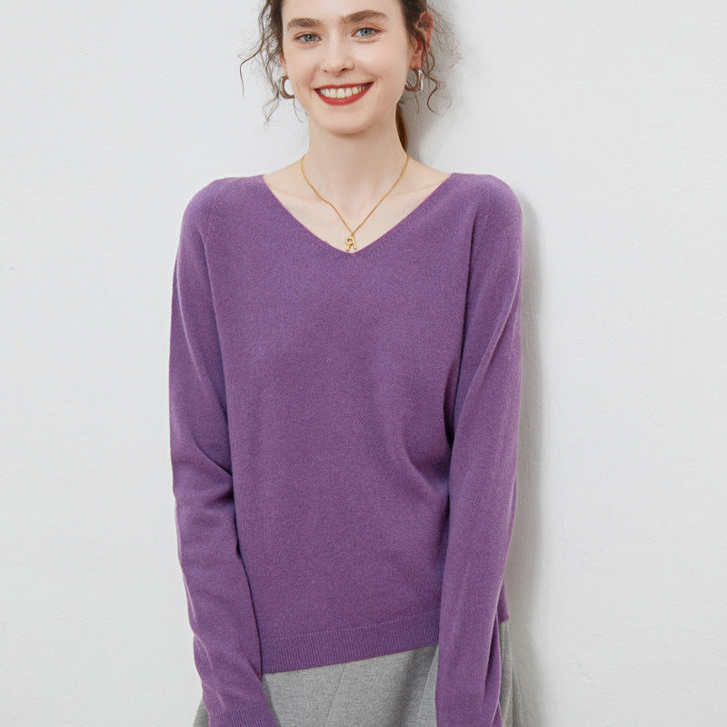 Wool base sweater V-neck knitted loose cashmere sweater slim top autumn and winter