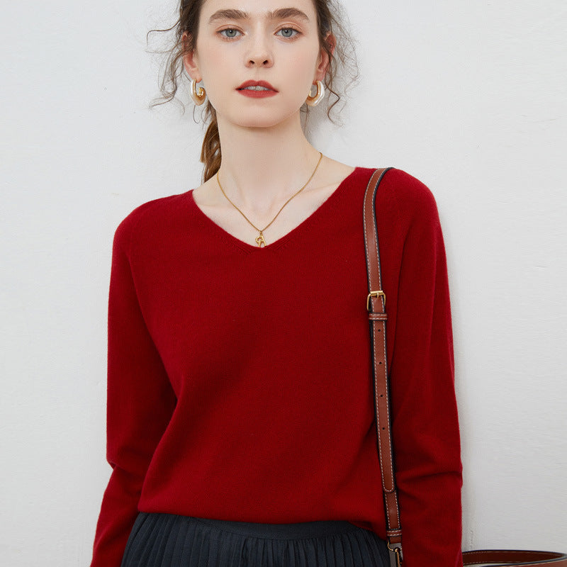 Wool base sweater V-neck knitted loose cashmere sweater slim top autumn and winter