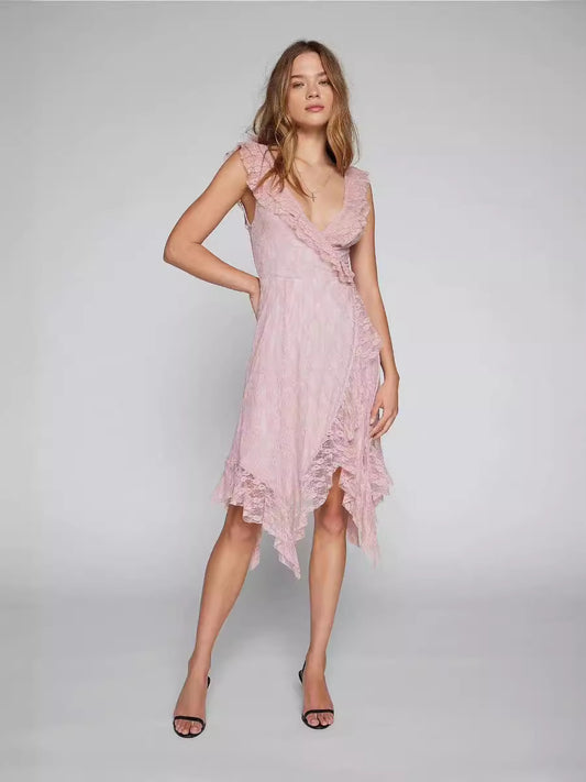 New irregular fresh sweet lace sexy deep V dress