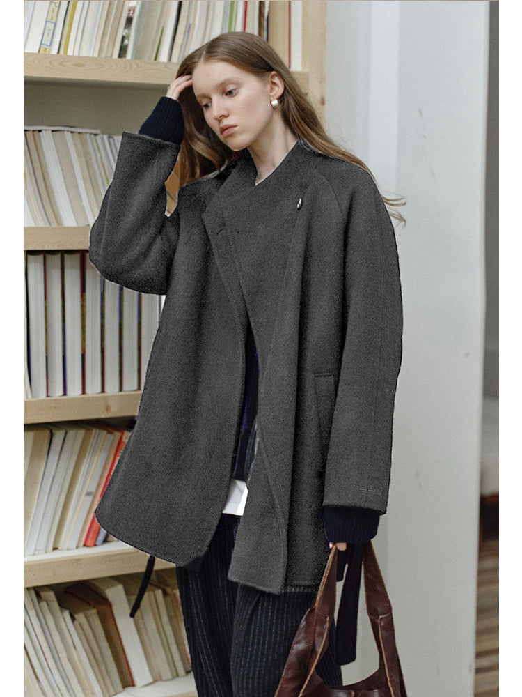 Winter temperament all-match advanced double-sided warm medium-length stand-up collar woolen coat tops for women