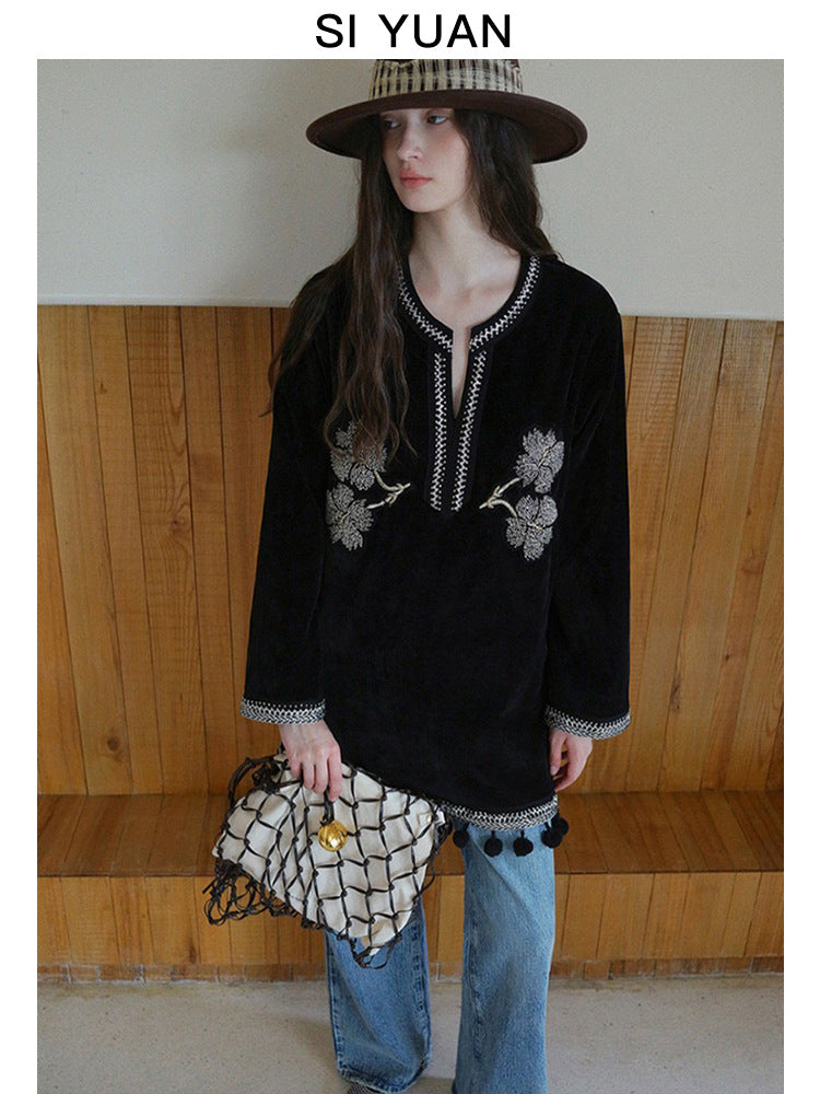 Nomadic girl black velvet tassel handmade beaded ethnic style heavy embroidery dress for women