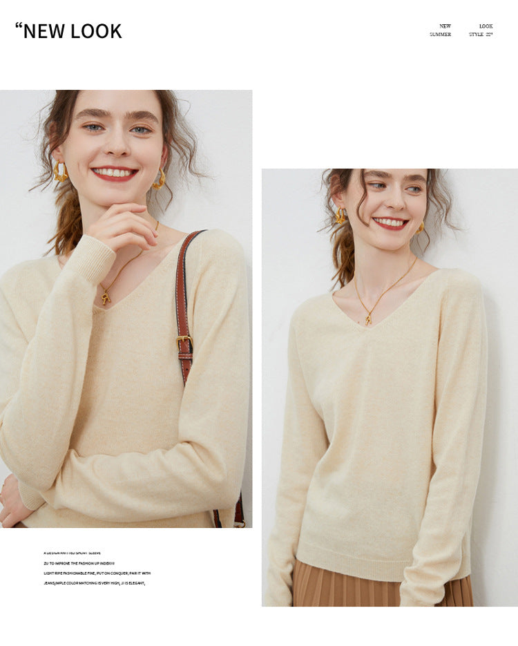 Wool base sweater V-neck knitted loose cashmere sweater slim top autumn and winter