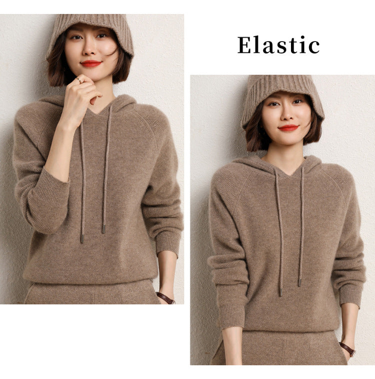 Hooded Cardigan Sweater Women 100 Wool Autumn and Winter New Style Hooded Cashmere Sweater Knitted Bottom Hoodie Thick