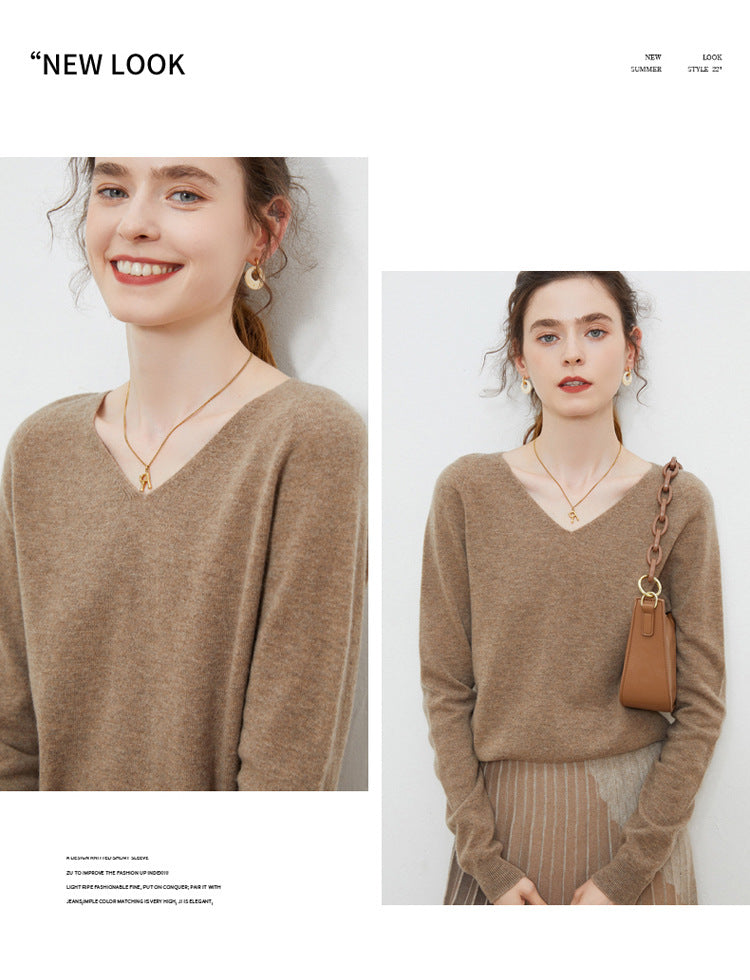 Wool base sweater V-neck knitted loose cashmere sweater slim top autumn and winter