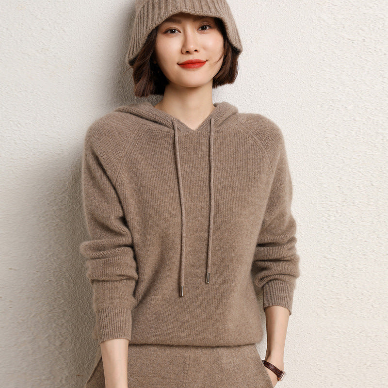 Hooded Cardigan Sweater Women 100 Wool Autumn and Winter New Style Hooded Cashmere Sweater Knitted Bottom Hoodie Thick