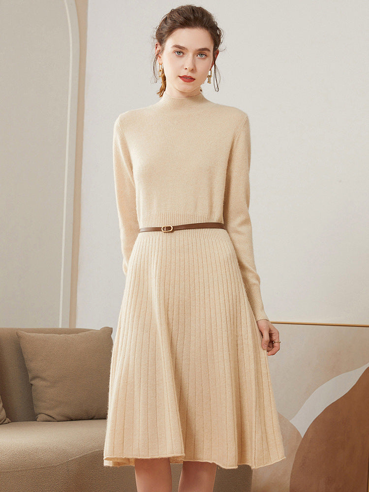 Cashmere dress women's mid-length over-the-knee fashionable pleated long skirt autumn and winter half-high collar knitted bottoming skirt A-line skirt