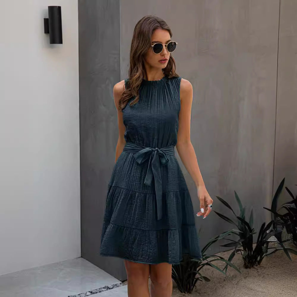 New style ruffled round neck waist dress