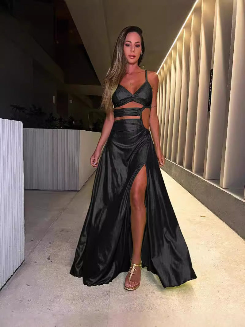 Solid color hollow high slit sling ladies sexy dress