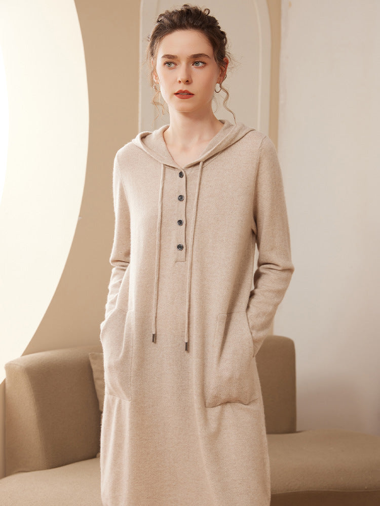 Cashmere knitted dress autumn and winter new women's medium and long hooded cashmere loose solid color bottoming sweater dress