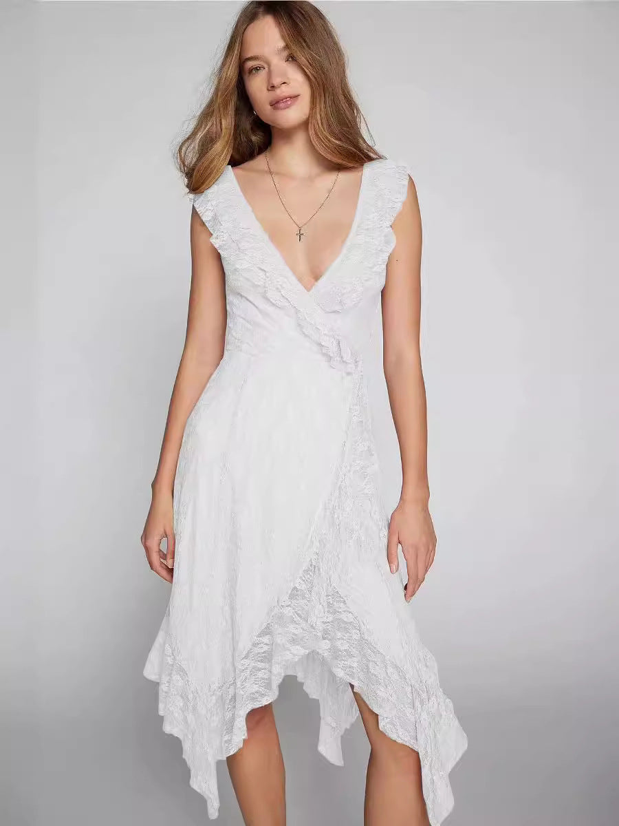 New irregular fresh sweet lace sexy deep V dress