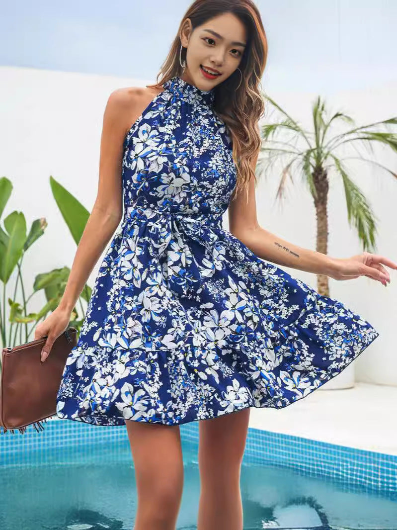 Elegant Lace-up Ruffled Large Swing Floral Dress