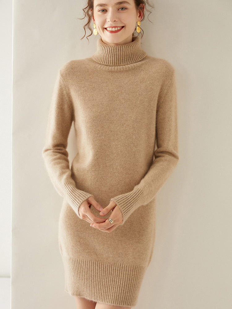 Cashmere dress for women, seven-needle thickened high lapel, medium-length cashmere knitted bottoming sweater dress, versatile hip skirt