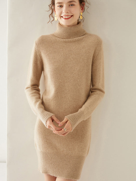 Cashmere dress for women, seven-needle thickened high lapel, medium-length cashmere knitted bottoming sweater dress, versatile hip skirt