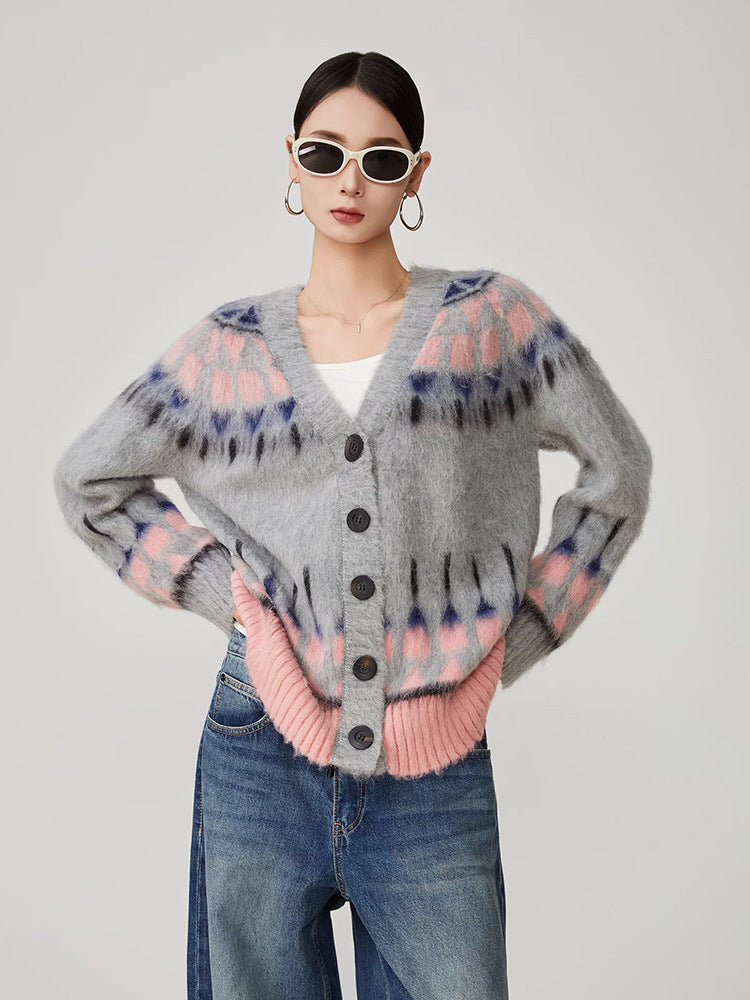 Autumn and winter simple temperament versatile silhouette Fair Isle knitted cardigan sweater tops for women