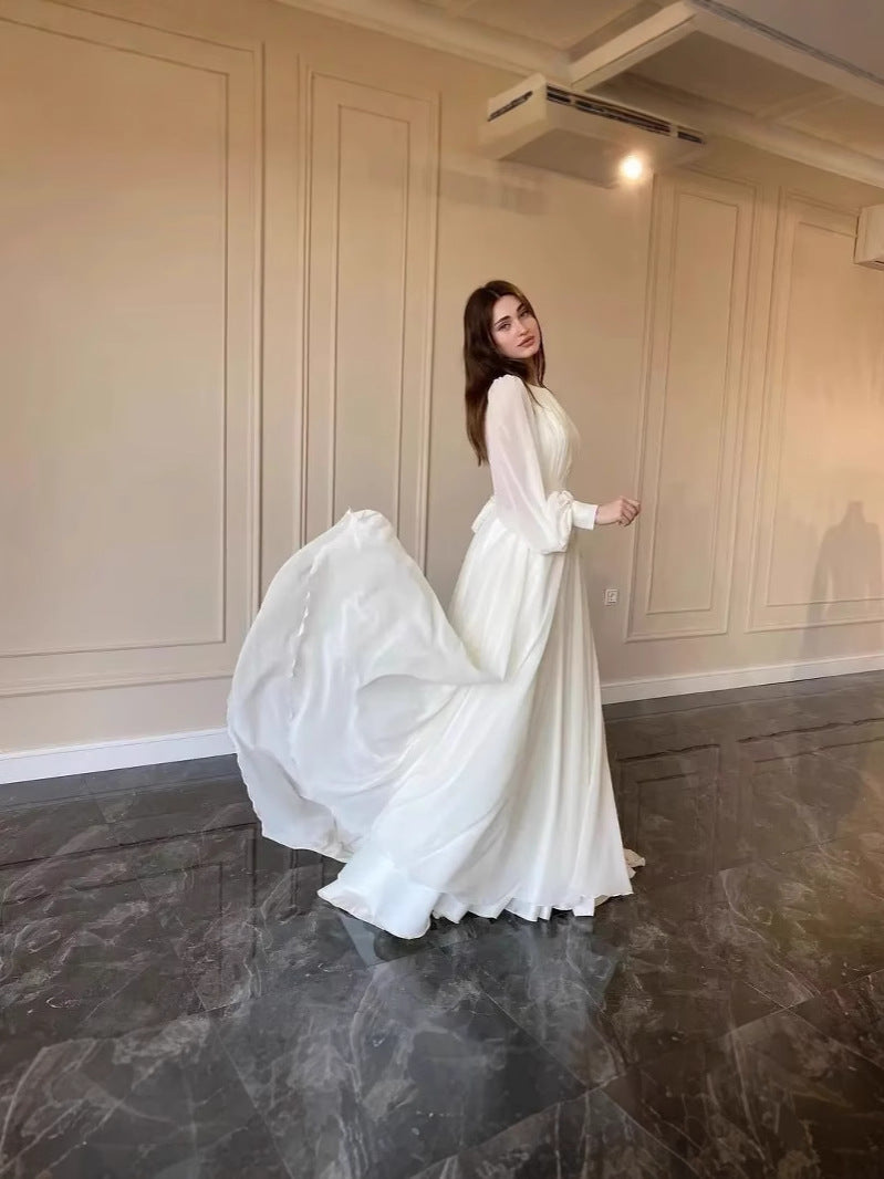 Lantern Pearlescent Tulle White Wedding Round Neck Dress