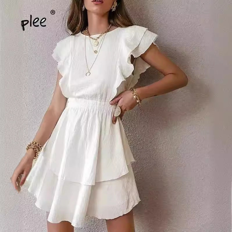 Solid color flying sleeve cake dress