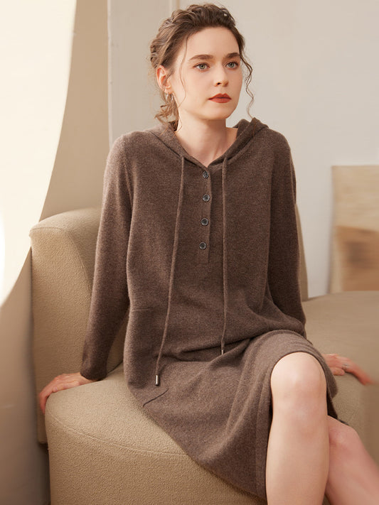 Cashmere knitted dress autumn and winter new women's medium and long hooded cashmere loose solid color bottoming sweater dress