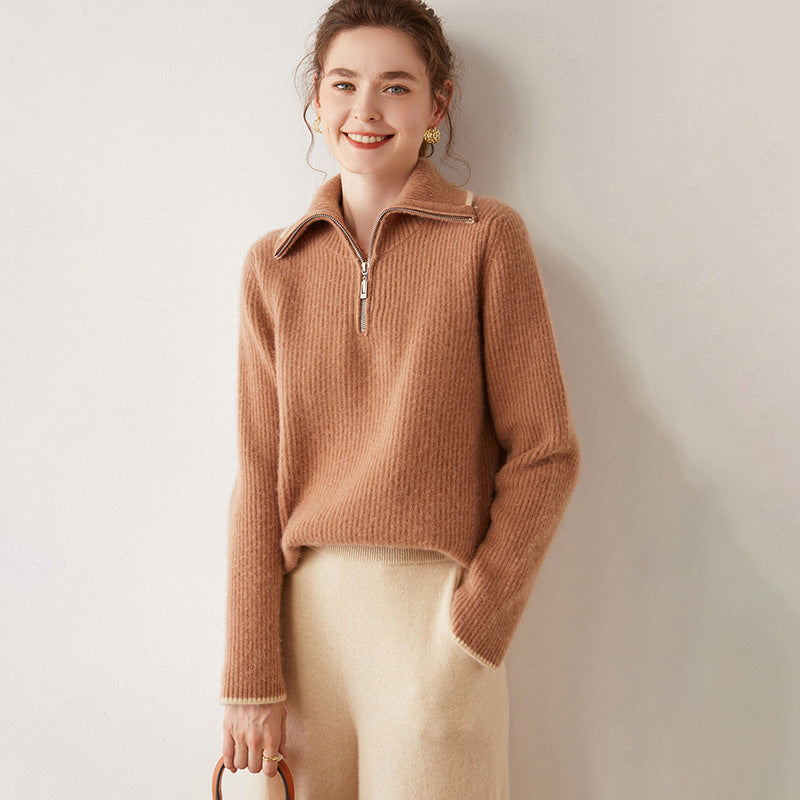 Half zipper Yuanbao needle lapel cashmere sweater for women half turtleneck casual thickened pullover loose versatile knitted sweater