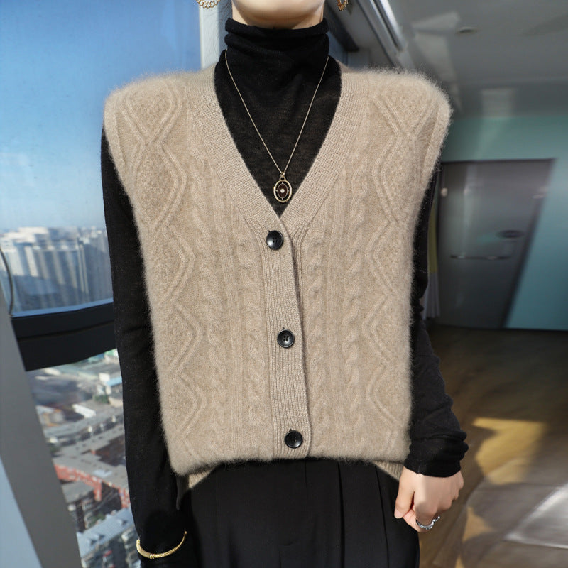 Autumn and winter thickened seven-needle wool knitted vest women's cardigan vest outer wear sleeveless sweater vest twisted flower trend