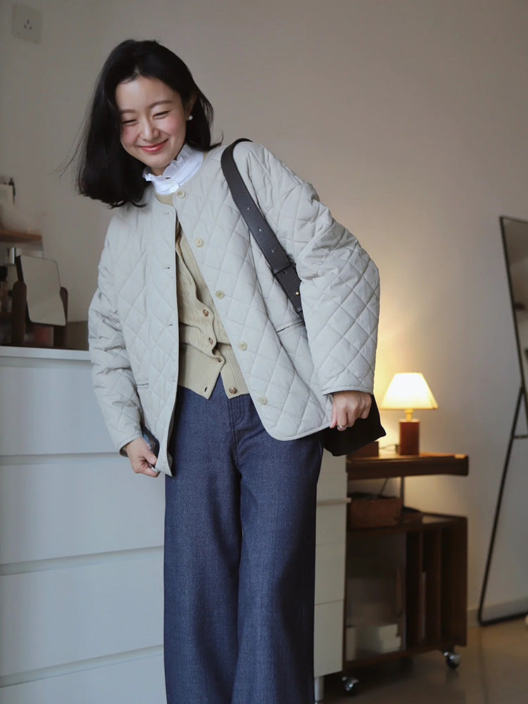 Autumn and winter diamond pattern cotton jacket with short front and long back, He Sui same style women's top cotton coat