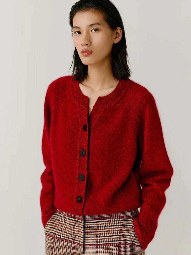 Soft Waxy Cashmere Sweater Cardigan Pullover Burgundy Knitted Wool Top Cardigan Jacket