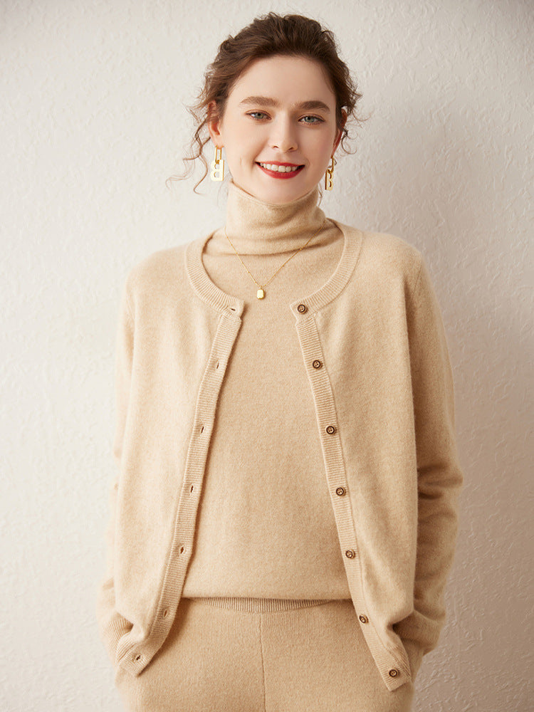 Basic cashmere sweater jacket simple knitted cardigan light autumn and winter new style solid color loose cashmere sweater for women