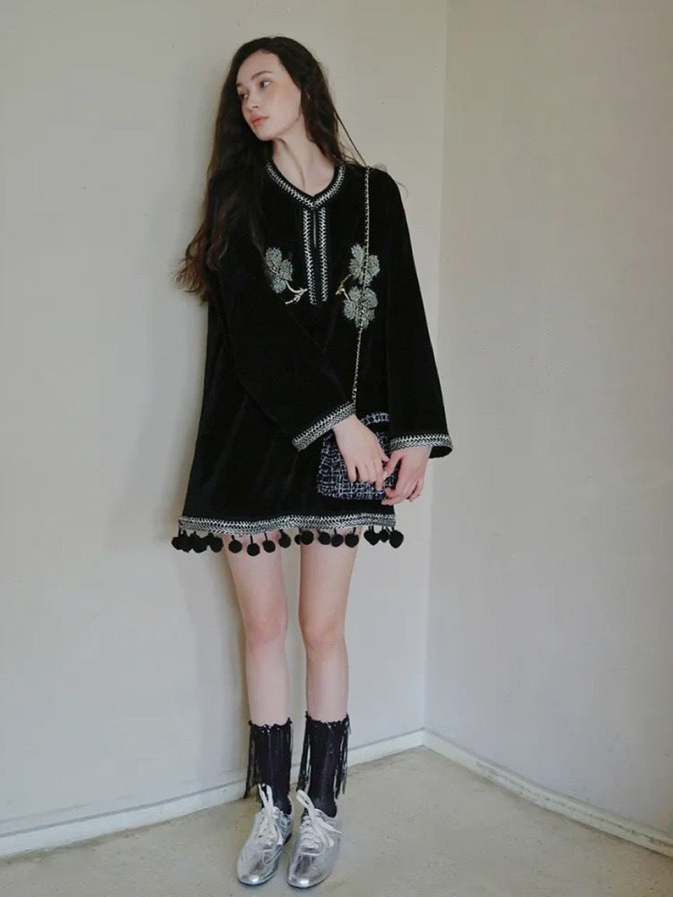 Nomadic girl black velvet tassel handmade beaded ethnic style heavy embroidery dress for women