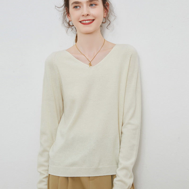 Wool base sweater V-neck knitted loose cashmere sweater slim top autumn and winter