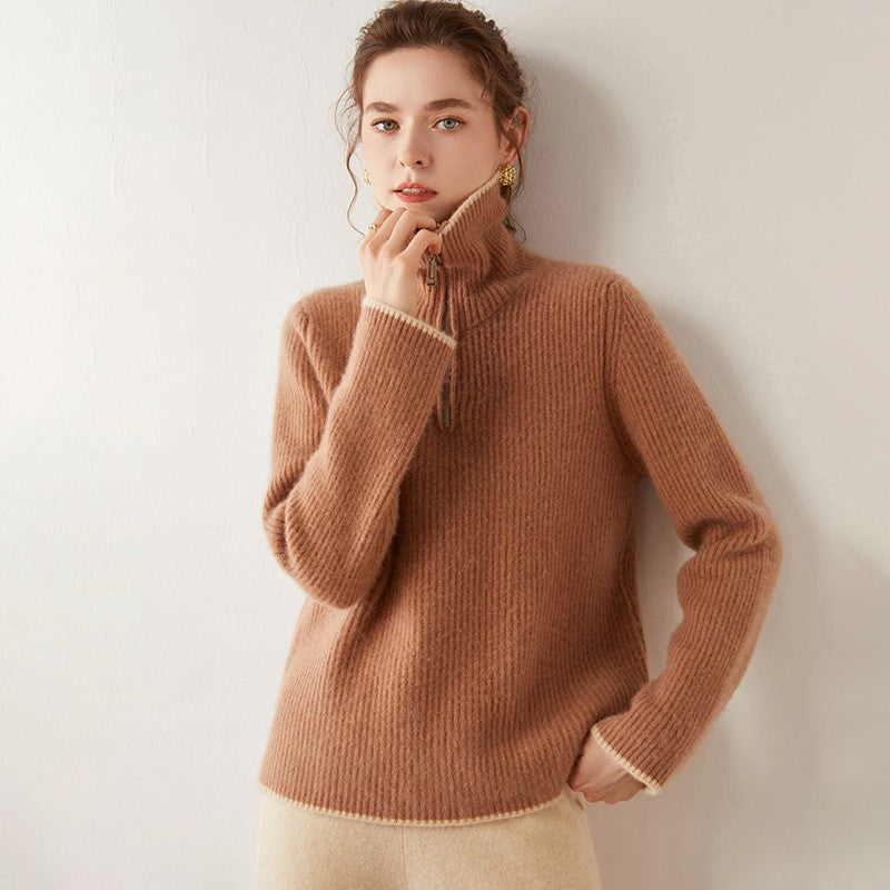 Half zipper Yuanbao needle lapel cashmere sweater for women half turtleneck casual thickened pullover loose versatile knitted sweater