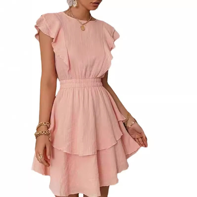 Solid color flying sleeve cake dress