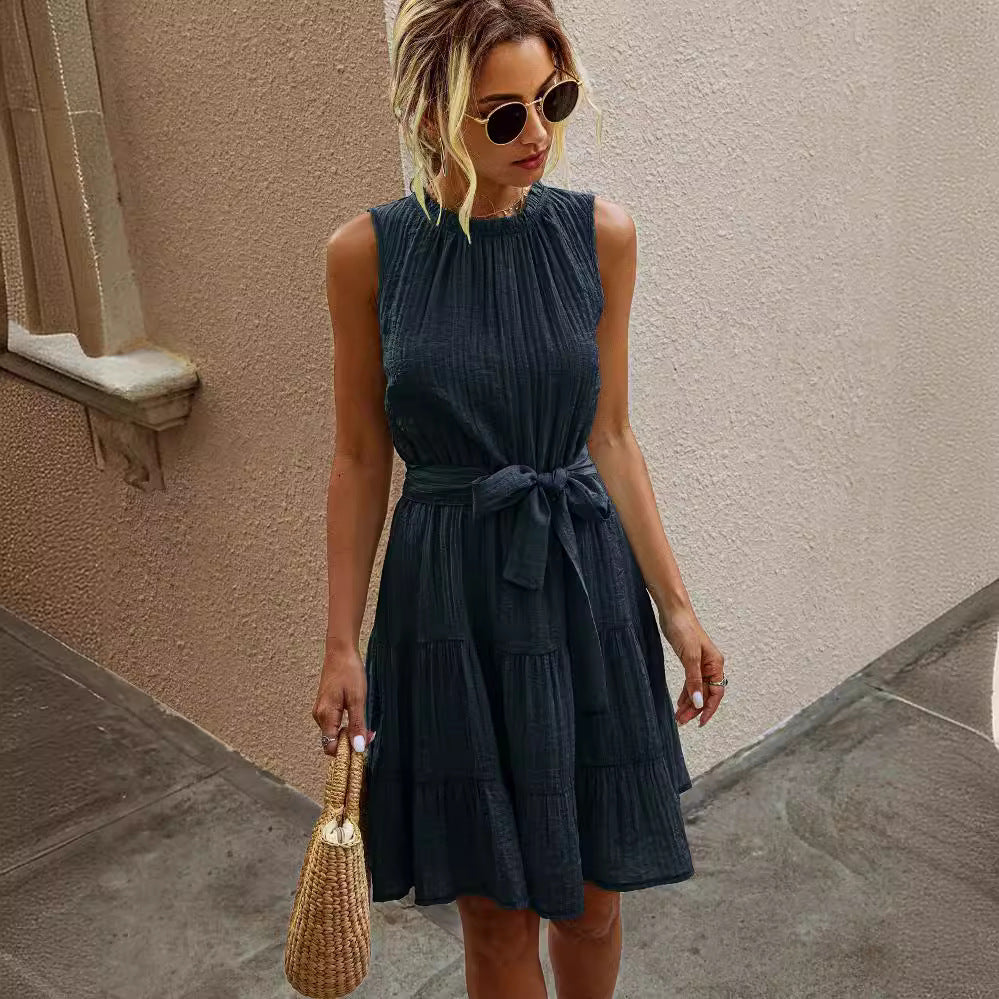 New style ruffled round neck waist dress