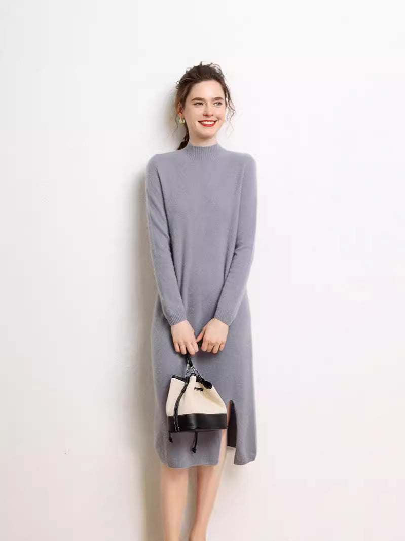 Seamless Half Turtleneck Cashmere Dress Women's Mid-Length Sweater Over-the-Knee Cashmere Knitted Hip Skirt Bottom Long Skirt