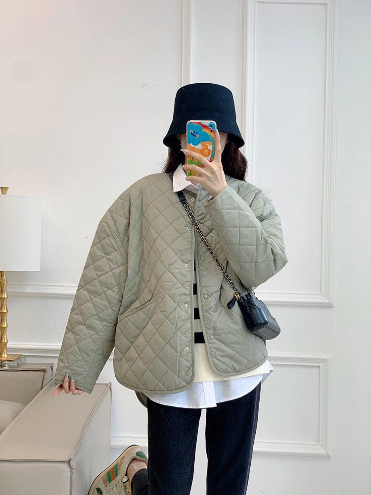 Autumn and winter diamond pattern cotton jacket with short front and long back, He Sui same style women's top cotton coat