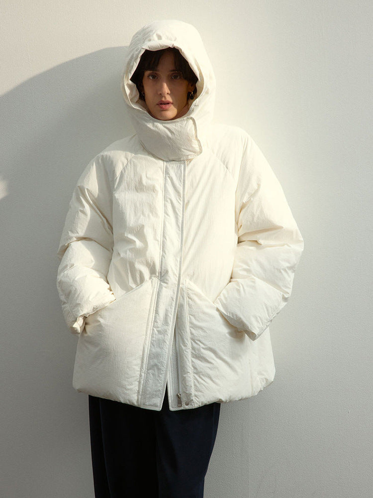 Winter simple high-end warm Baixingyue hooded loose stand-up collar down jacket top for women