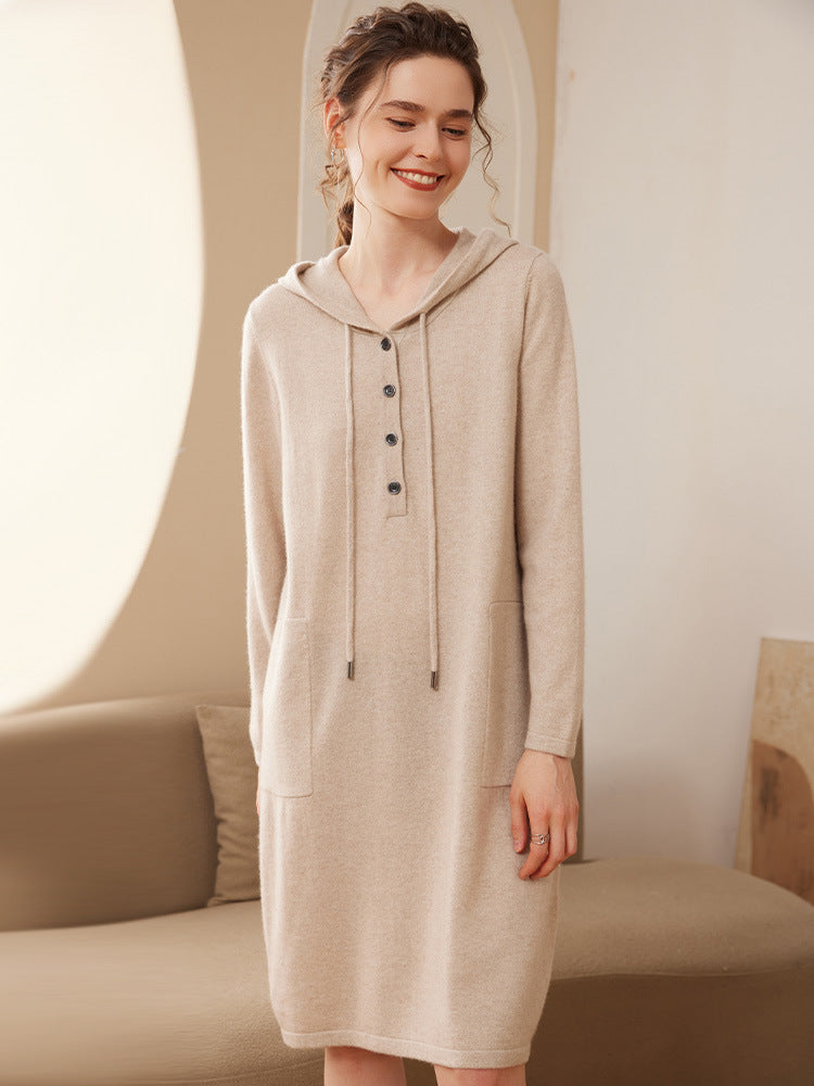 Cashmere knitted dress autumn and winter new women's medium and long hooded cashmere loose solid color bottoming sweater dress