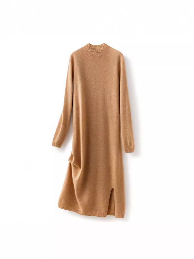 Seamless Half Turtleneck Cashmere Dress Women's Mid-Length Sweater Over-the-Knee Cashmere Knitted Hip Skirt Bottom Long Skirt