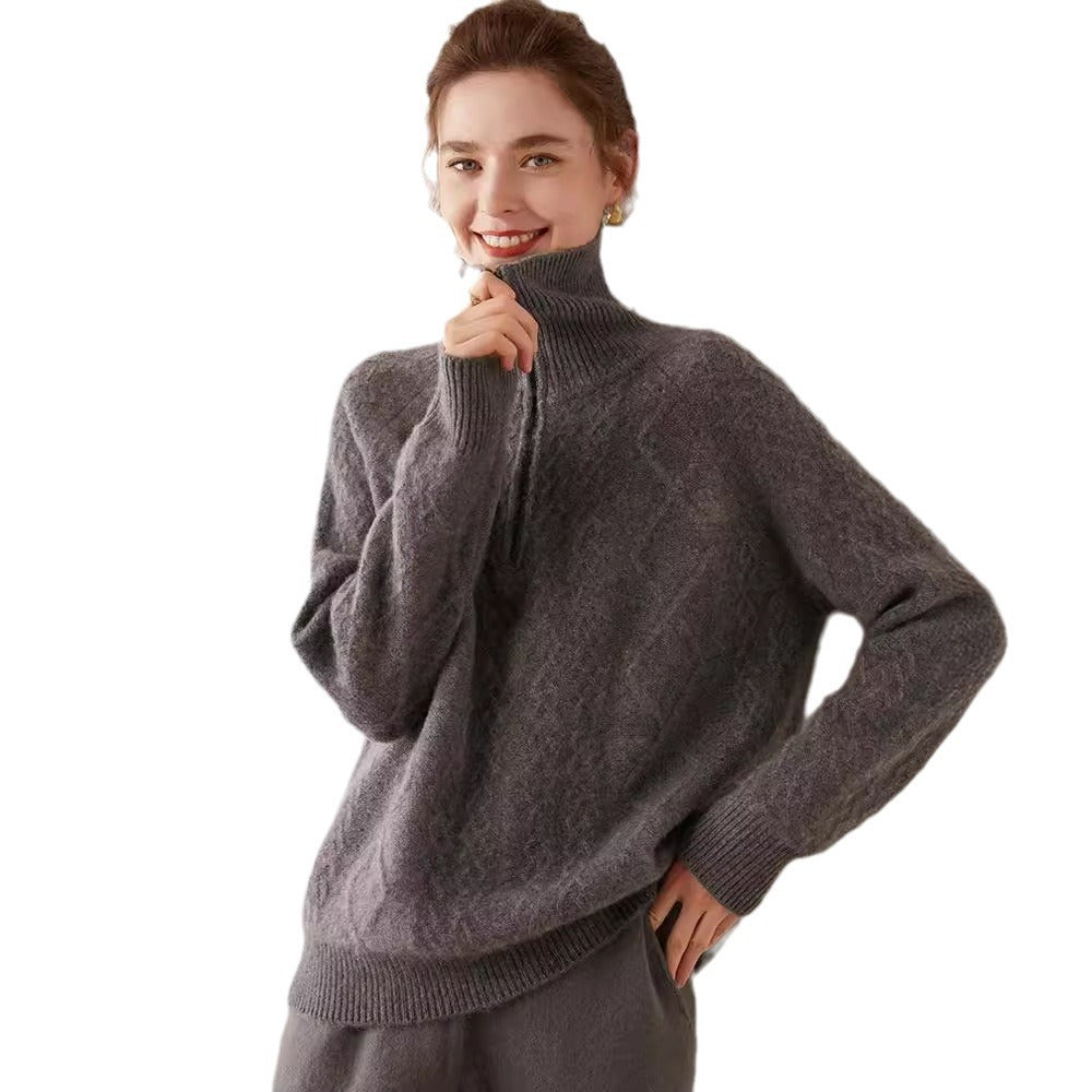 Autumn and winter cashmere sweater for women high collar double strand thickened diamond shaped twist sweater half zip knitted cashmere sweater