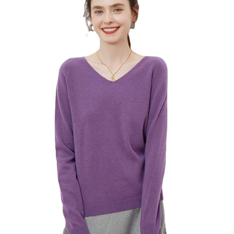 Wool base sweater V-neck knitted loose cashmere sweater slim top autumn and winter