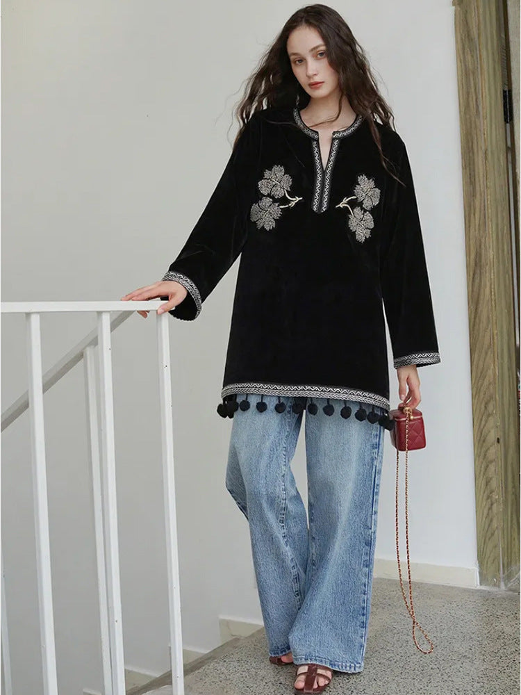 Nomadic girl black velvet tassel handmade beaded ethnic style heavy embroidery dress for women