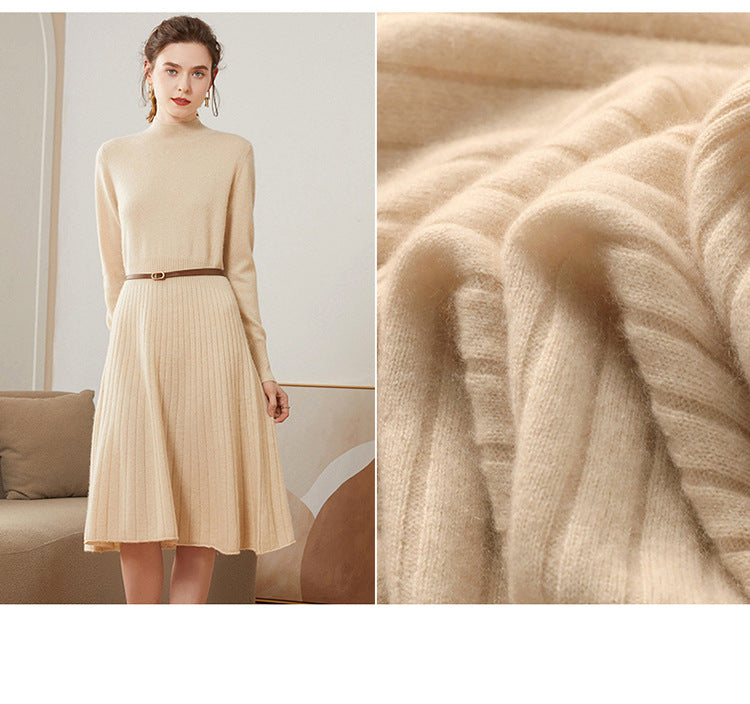 Cashmere dress women's mid-length over-the-knee fashionable pleated long skirt autumn and winter half-high collar knitted bottoming skirt A-line skirt