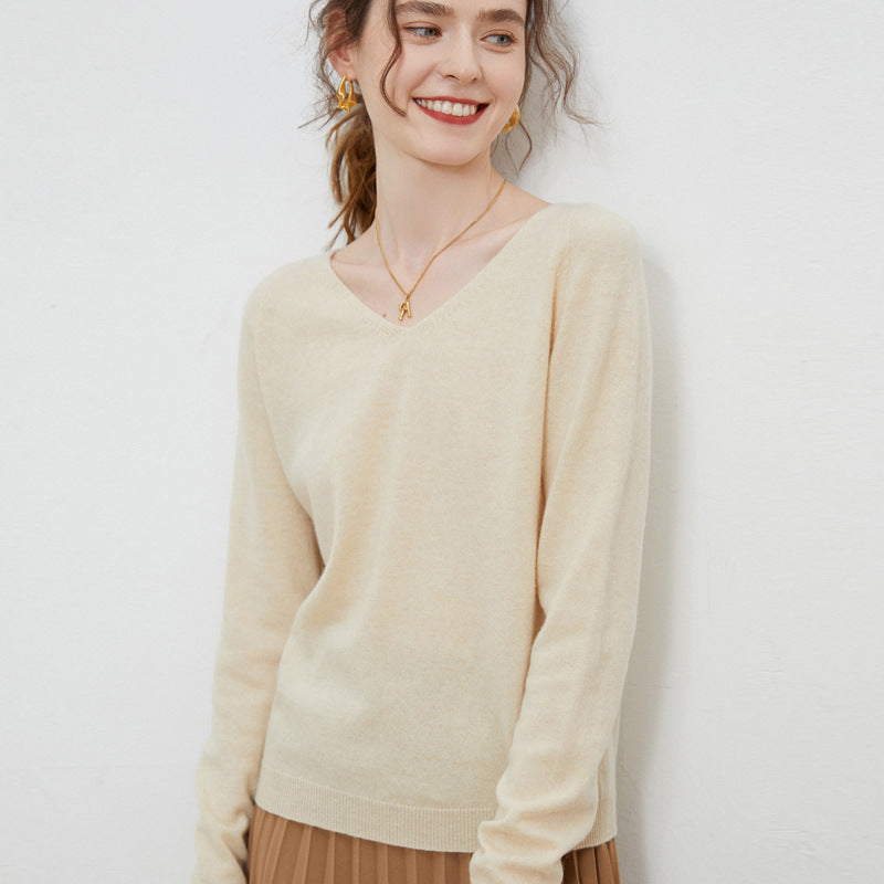 Wool base sweater V-neck knitted loose cashmere sweater slim top autumn and winter