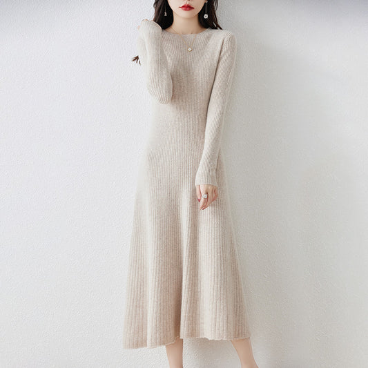 French wool dress women's 100% pure wool bottoming long skirt slim long sleeve cashmere sweater dress autumn and winter new