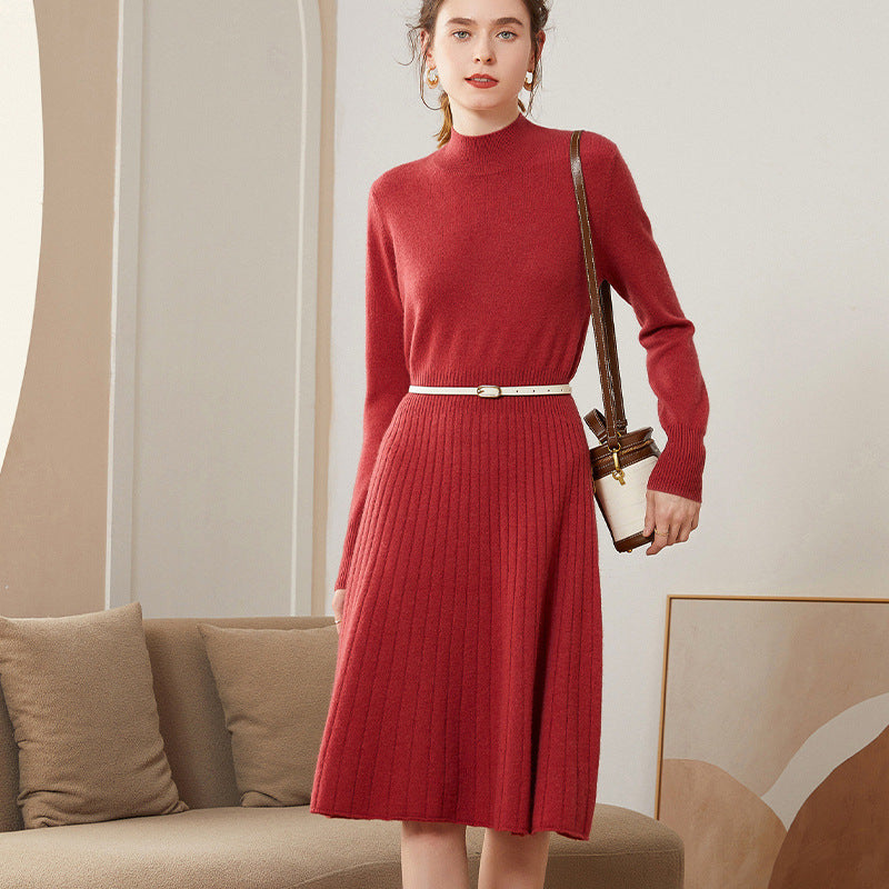 Cashmere dress women's mid-length over-the-knee fashionable pleated long skirt autumn and winter half-high collar knitted bottoming skirt A-line skirt